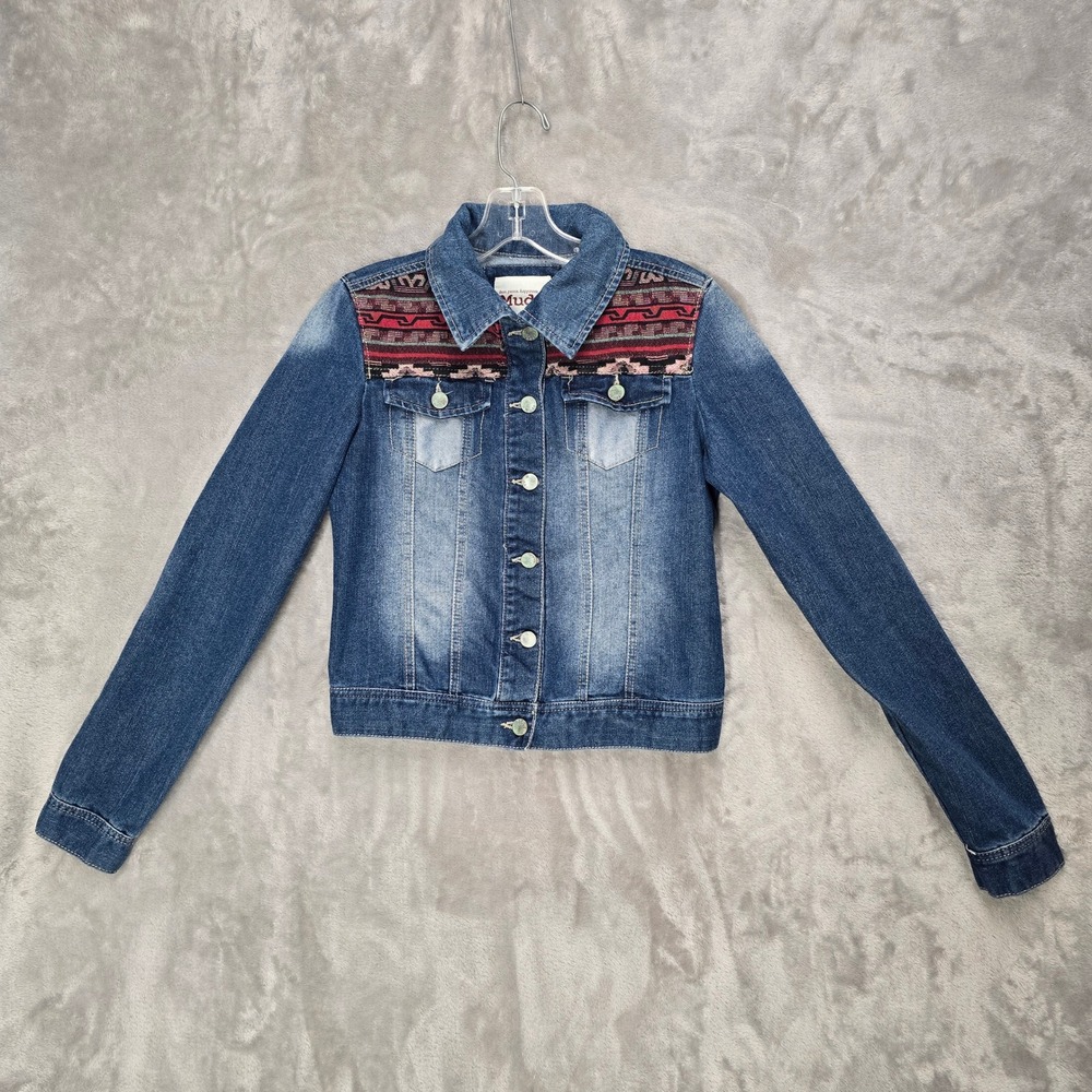 Y2K Mudd Denim Jacket Women Small Blue Aztec Southwestern Tribal Trucker Cowgirl